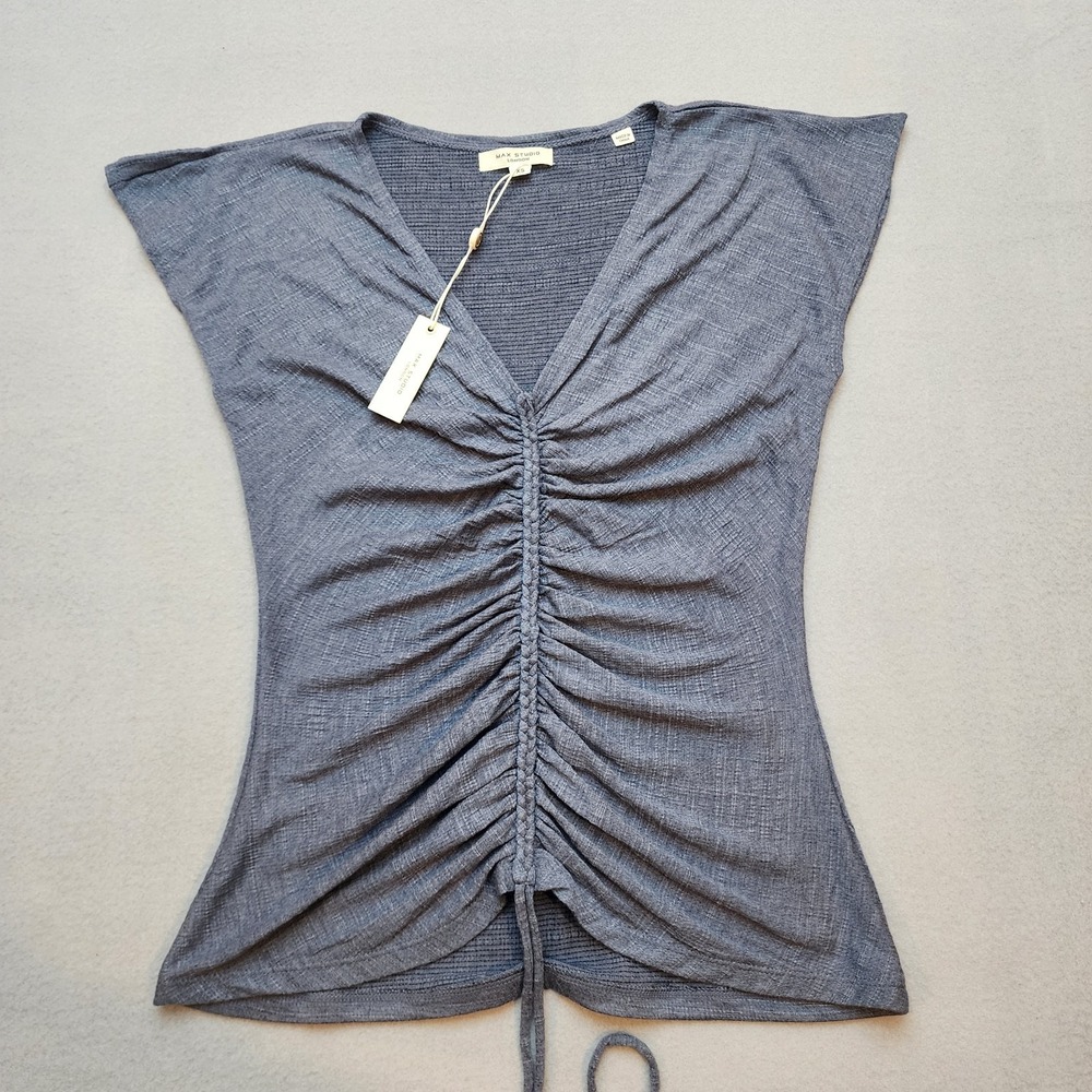 Max Studio London Women's Ruched Drawstring V-Neck Knit Top Gray XS NWT MSRP $88